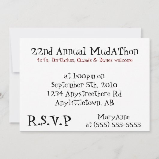 Aanpasbare Dune Buggy Mudfest - Je bent uitgenodig Kaart (Achterkant)