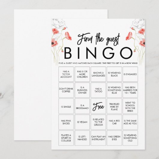 Aanpasbare Elegante Wilde Bloem Bingo Game Kaart (Voorkant / Achterkant)