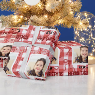 Aanpasbare Foto & Naam Kerstmis Geruite Lint Cadeaupapier
