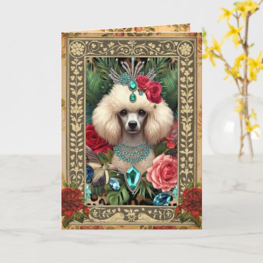 Aanpasbare Fotokaart - Witte Poodle Kaart (Gele Bloem)