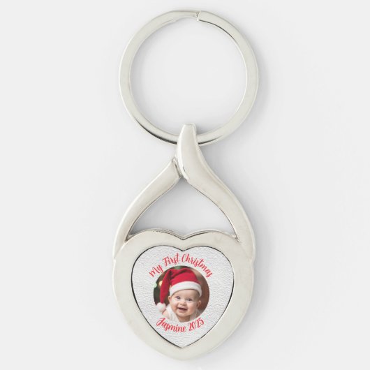 Aanpasbare Gedraaide Hart Metaal Baby Eerste Kerst Sleutelhanger (Voorkant)