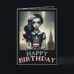 aanpasbare kaart schattig meisje met verjaardagsta<br><div class="desc">aanpasbare kaart schattig meisje met verjaardagstaart,  zwart binnenkant met gekleurde tekst. Schattige grillige stijl.</div>