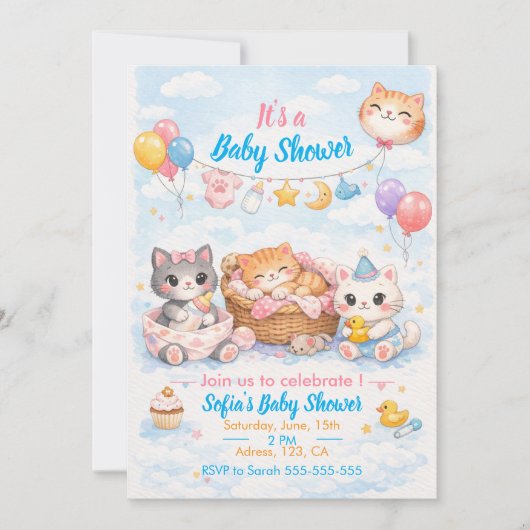 Aanpasbare kat-thema babyshower uitnodiging (Voorkant)