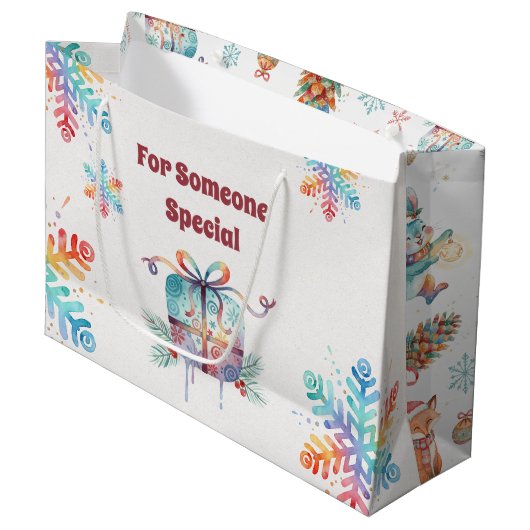 Aanpasbare Kerst Waterverf Bosdieren Groot Cadeauzakje (Voorkant Gekanteld)