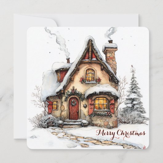 Aanpasbare kerstkaart met watercolorhuis (Voorkant)