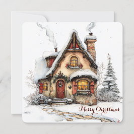 Aanpasbare kerstkaart met watercolorhuis