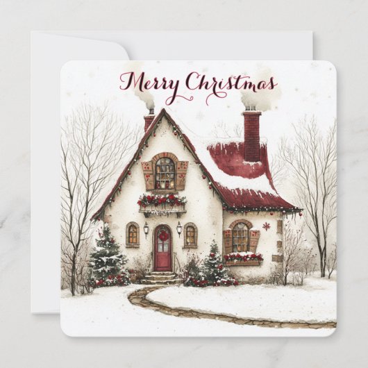 Aanpasbare kerstkaart met watercolorhuis (Voorkant)