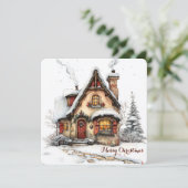 Aanpasbare kerstkaart met watercolorhuisje (Staand voorkant)