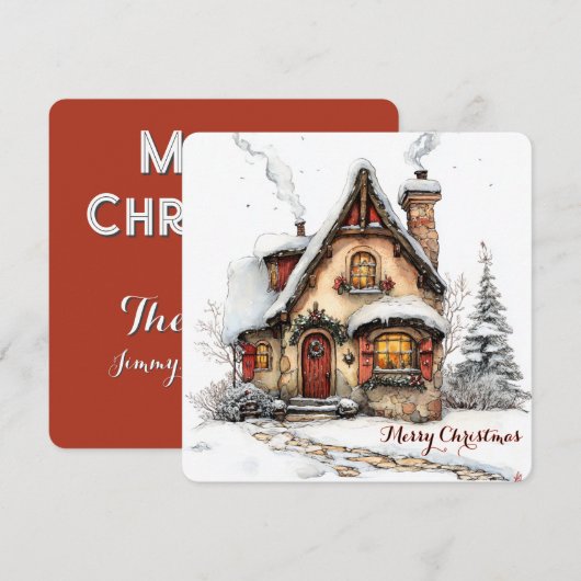 Aanpasbare kerstkaart met watercolorhuisje (Voorkant / Achterkant)