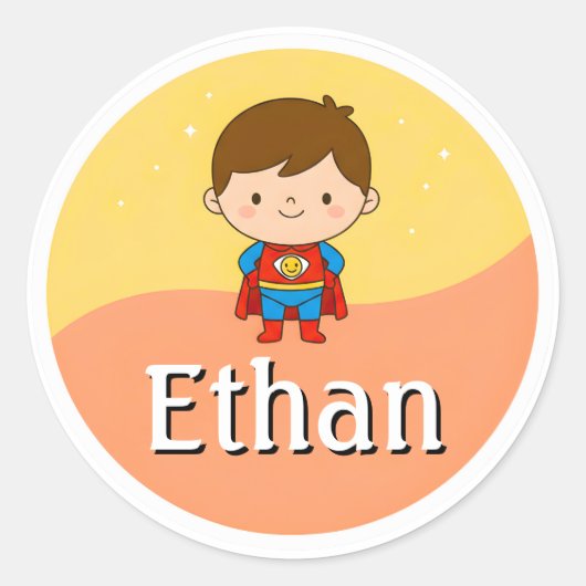 Aanpasbare kindernaamsticker – Glimlachende Superh Ronde Sticker (Voorkant)