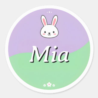 Aanpasbare kindernaamsticker – Konijn & Bloemen Ronde Sticker