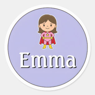 Aanpasbare kindernaamsticker – Meisje Superheld Ronde Sticker