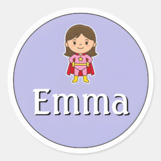 Aanpasbare kindernaamsticker – Meisje Superheld Ronde Sticker