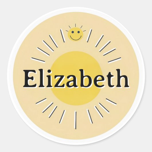Aanpasbare kindernaamsticker – Zonnig ontwerp Ronde Sticker (Voorkant)