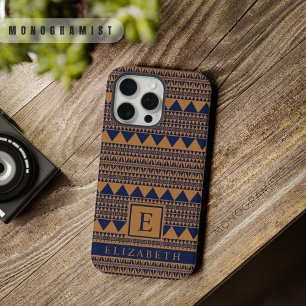 Aanpasbare Koper Bruin Donker Marineblauw Azteekse iPhone 15 Pro Max Case
