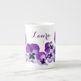Aanpasbare Laura naam  paarse pansy floral Porselein Kop
