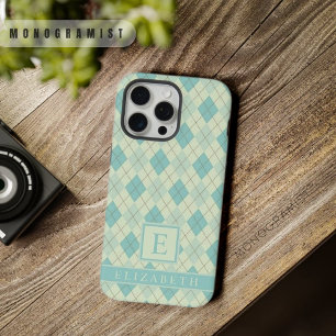 Aanpasbare Licht Zachte Pastel Tealgroene Argyle iPhone 15 Pro Max Case