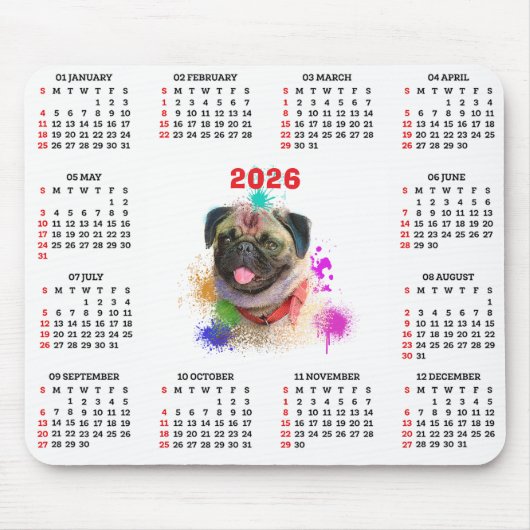 Aanpasbare Mopshond Kalender Muismat (Voorkant)