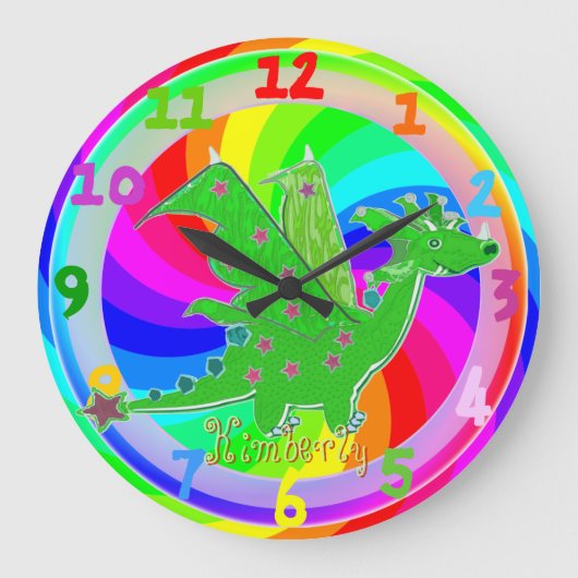 Aanpasbare naam Kimberly Green Dragon Kinder Clock Grote Klok (Voorkant)