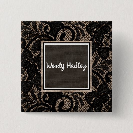 Aanpasbare naam linen en kant vierkante button 5,1 cm (Voorkant)