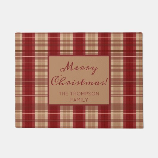 Aanpasbare naam rood en beige geruit Kerstmis Deurmat (Voorkant)