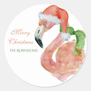 Aanpasbare Naam Roze Kerstman Flamingo Ronde Sticker