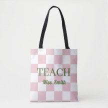 Aanpasbare naam Teach Tote Schattig Roze Geruit