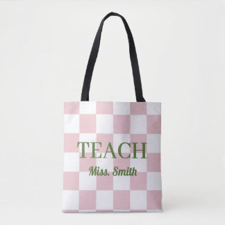 Aanpasbare naam Teach Tote Schattig Roze Geruit Bag