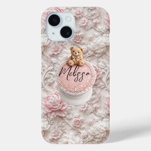 Aanpasbare Naam Teddy iPhone 15 Hoes & Grip (Achterkant)