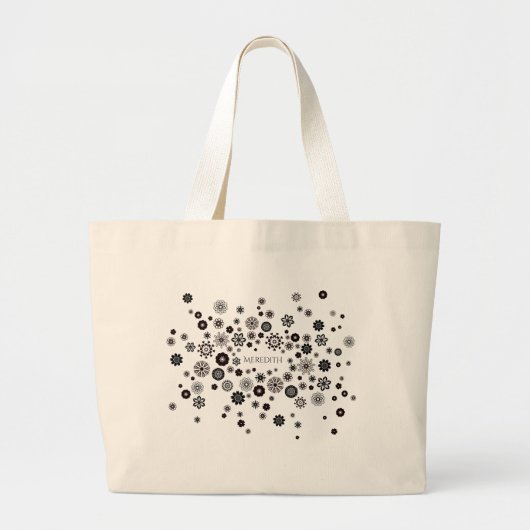 Aanpasbare naam zwart-wit bloempatroon grote tote bag (Voorkant)