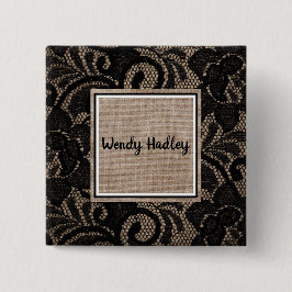 Aanpasbare naamknop linen en kant vierkante button 5,1 cm