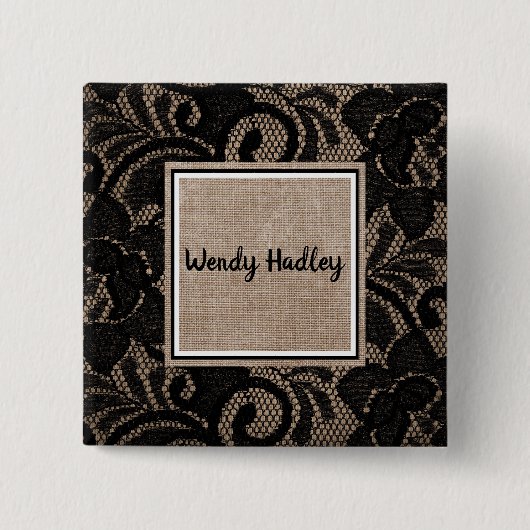 Aanpasbare naamknop linen en kant vierkante button 5,1 cm (Voorkant)