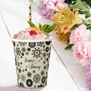 Aanpasbare Namen Cute Taupe Zwarte Bloemmotief Papieren Bekers