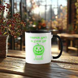 Aanpasbare Neon Halloween - Groen Pompoen Design Mok