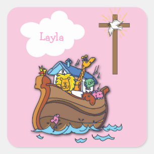 Aanpasbare Noach's Ark Doop, Meisje Roze Vierkante Sticker
