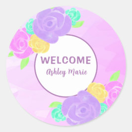 Aanpasbare paarse waterverf bloemenkraam voor baby ronde sticker