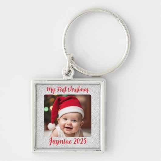 Aanpasbare Premium Vierkante Baby Eerste Kerstmis Sleutelhanger (Voorkant)