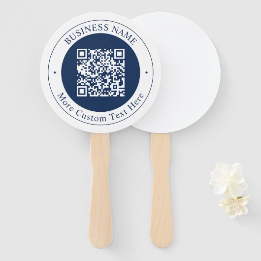 Aanpasbare QR-code & tekst | donker marineblauw Handwaaier (Voorkant en achterkant)