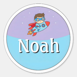 Aanpasbare raket-superheld ontwerp naamsticker ronde sticker