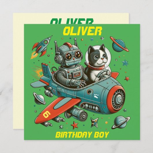 Aanpasbare Retro Robot en Kat in de Ruimte Kaart (Voorkant / Achterkant)