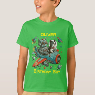 Aanpasbare Retro Robot en Kat in de Ruimte T-shirt