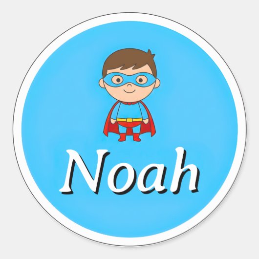 Aanpasbare Ronde Kindernaam Sticker – Superheld  (Voorkant)