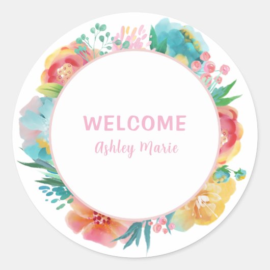 Aanpasbare Roze Aquarel Bloem Baby Shower C Ronde Sticker (Voorkant)
