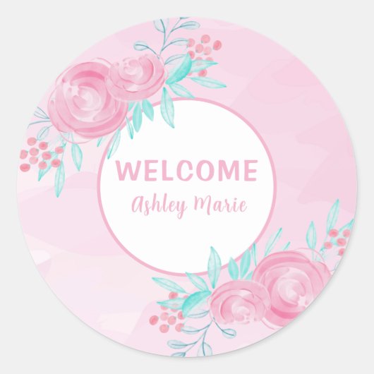 Aanpasbare Roze Aquarel Bloemen Welkom Baby Ronde Sticker (Voorkant)