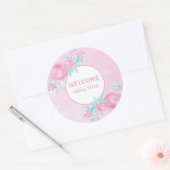 Aanpasbare Roze Aquarel Bloemen Welkom Baby Ronde Sticker (Envelop)