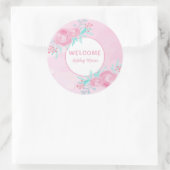 Aanpasbare Roze Aquarel Bloemen Welkom Baby Ronde Sticker (Tas)
