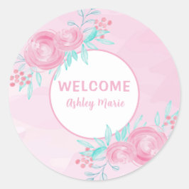 Aanpasbare Roze Aquarel Bloemen Welkom Baby Ronde Sticker
