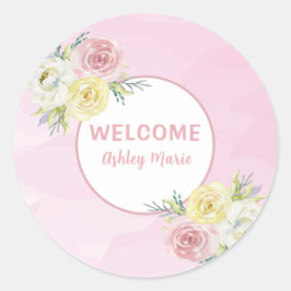 Aanpasbare Roze Aquarel Bloemen Welkom Baby Ronde Sticker