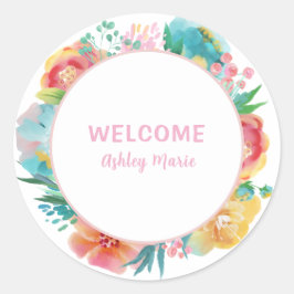 Aanpasbare Roze Aquarel Bloemenkinderfeestje C Ronde Sticker