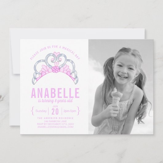 Aanpasbare Roze Tiara Foto Verjaardagsuitnodiging Kaart (Voorkant)